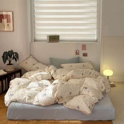 91家纺网 家纺一手货源 找家纺 洋铭区（原狠狠爱） 2024新款全棉双层纱四件套 牵手小熊