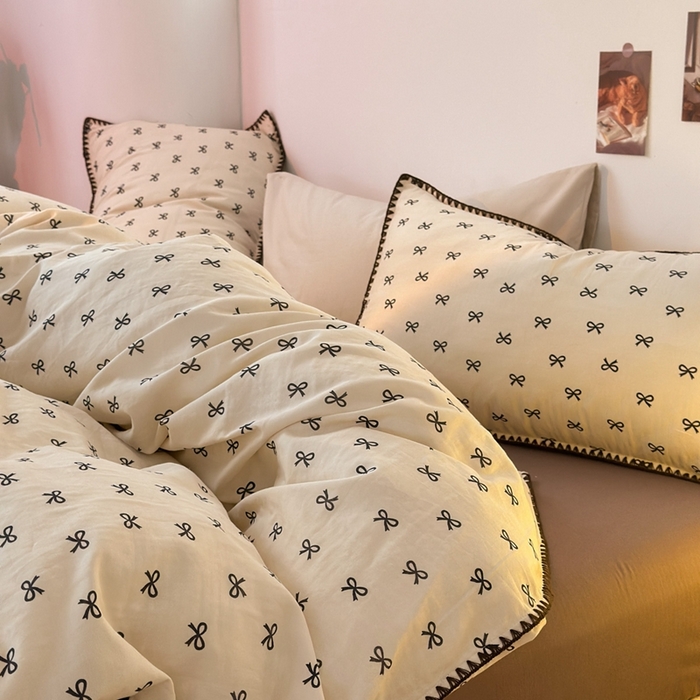 91家纺网 家纺一手货源 找家纺 洋铭区（原狠狠爱） 2024新款全棉双层纱四件套 黑色蝴蝶结