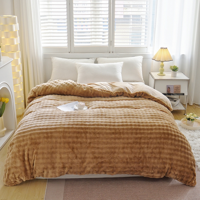 91家纺网 家纺一手货源 找家纺 启优家纺 2024新款简约兔兔绒活性印染单被套 咖啡色