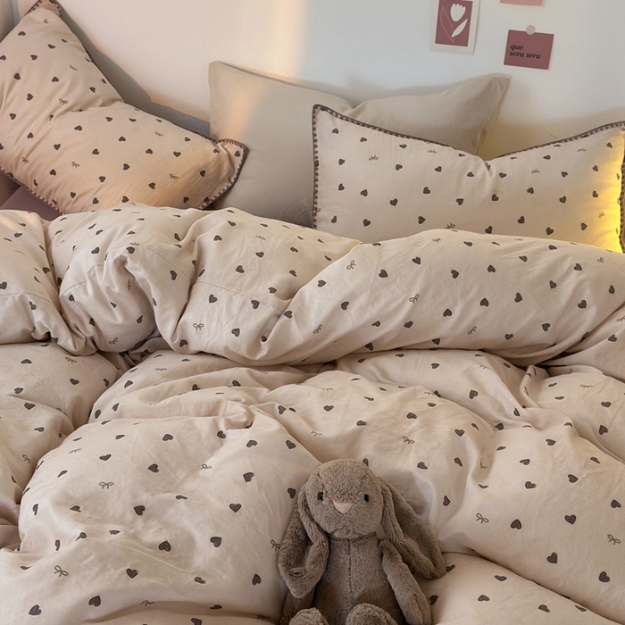 91家纺网 家纺一手货源 找家纺 洋铭区（原狠狠爱） 2024新款全棉双层纱四件套 黑桃爱心