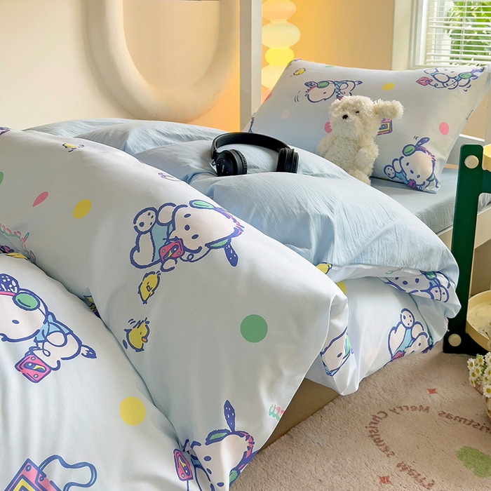 91家纺网 家纺一手货源 找家纺 海岛哥哥 2025新款A类云朵水洗棉三丽鸥正版授权四件套-学生床 三丽鸥-波点怕洽狗