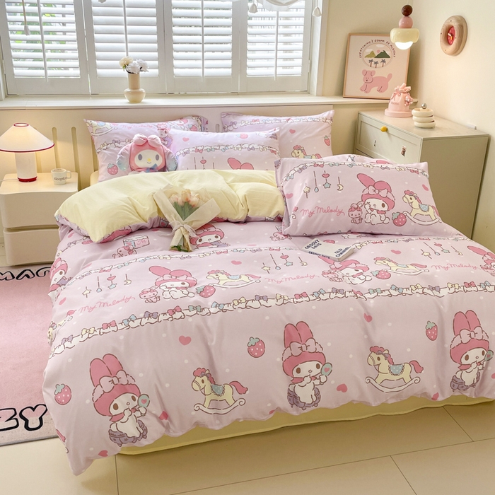 91家纺网 家纺一手货源 找家纺 海岛哥哥 2025新款A类云朵水洗棉三丽鸥正版授权四件套-大床图 三丽鸥-蝴蝶结美乐蒂