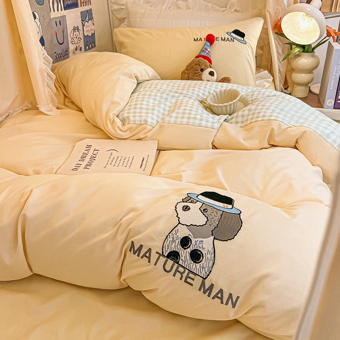 91家纺网 家纺一手货源 找家纺 眠帛 2024新款A类学生三件套小清新绣花绅士狗系列水洗棉床上用品四件套 绅士狗-奶黄