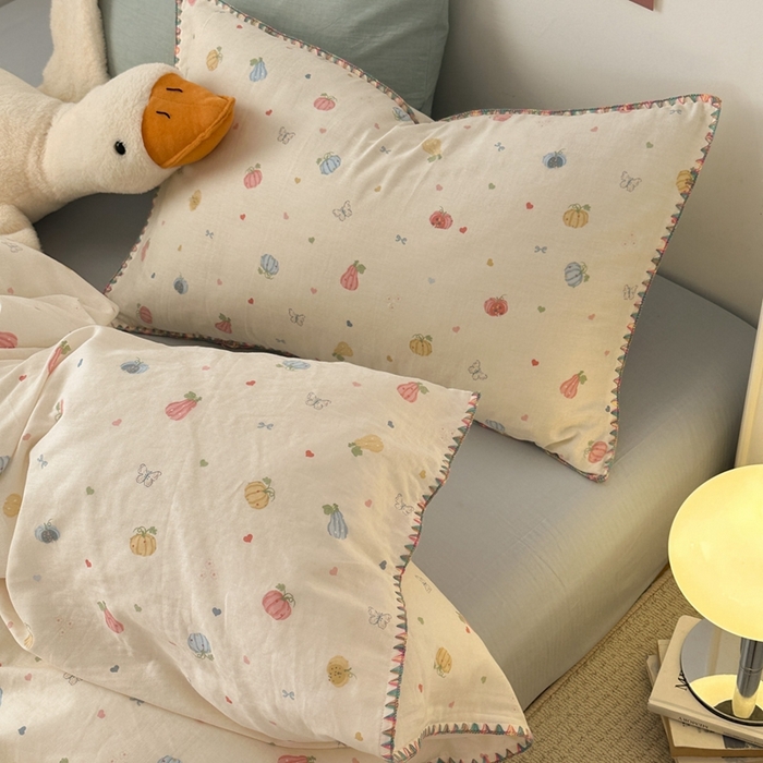 91家纺网 家纺一手货源 找家纺 洋铭区（原狠狠爱） 2024新款全棉双层纱四件套 南瓜果果