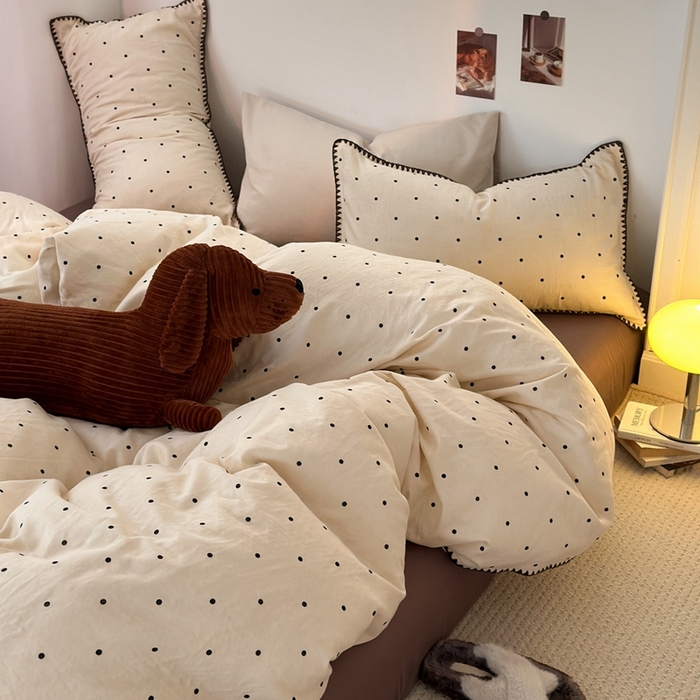 91家纺网 家纺一手货源 找家纺 洋铭区（原狠狠爱） 2024新款全棉双层纱四件套 黑点点