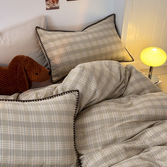 91家纺网 家纺一手货源 找家纺 洋铭区（原狠狠爱） 2024新款全棉双层纱四件套 青梅格