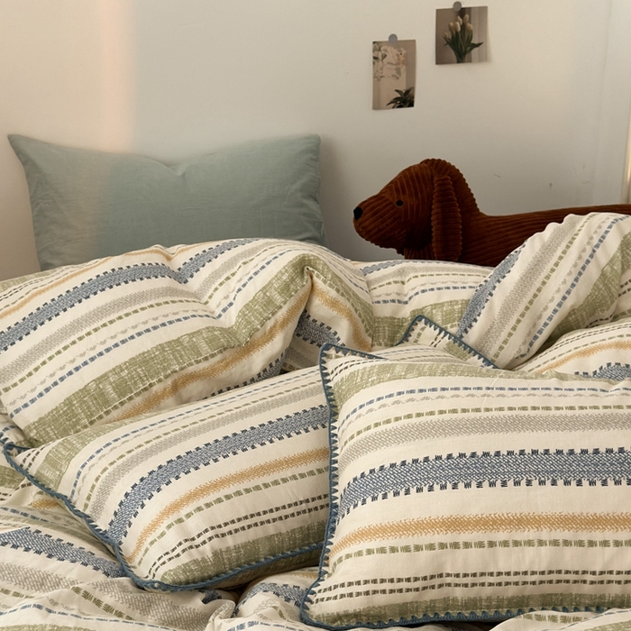 91家纺网 家纺一手货源 找家纺 洋铭区（原狠狠爱） 2024新款全棉双层纱四件套 时光蓝条