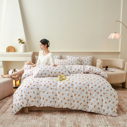 柠馨 2024新款基础款全棉磨毛纯色四件套 晚安熊