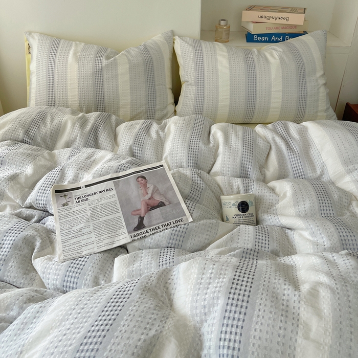 91家纺网 家纺一手货源 找家纺 轻奢坊 2024新款水洗棉渐变色提花华夫格四件套 渐变色华夫格-蓝黄