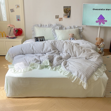 桃子家居 2024新款A类ins色织水洗棉花边撞色玛卡龙格子韩版花边纯棉系列四件套 水洗棉花边-薄荷青绿