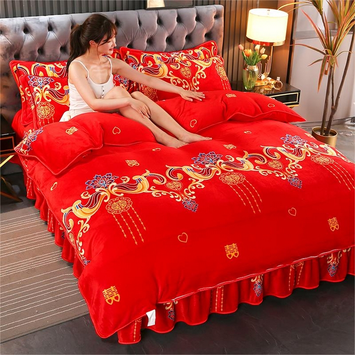 91家纺网 家纺一手货源 找家纺 绒品壹家家纺 2024新款180g7斤牛奶绒印花四件套 喜结良缘