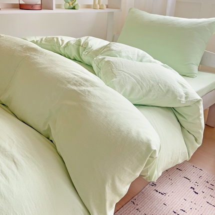 91家纺网 家纺一手货源 找家纺 韩巢家纺 2024新款学生宿舍上下铺超柔水洗棉床单被套三件套-纯色系列学生床（含卖家秀） 水洗棉浅绿