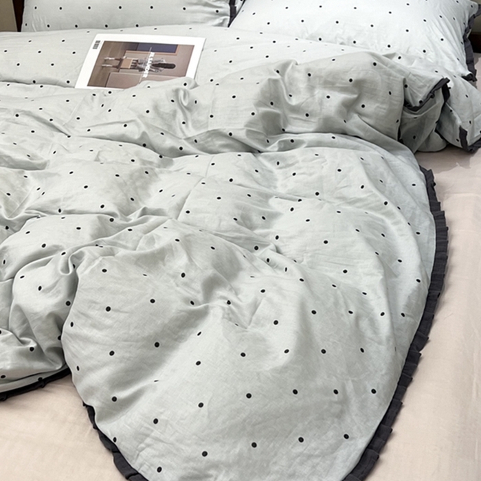 91家纺网 家纺一手货源 找家纺 荣轩 2024新款全棉印花双层纱四件套 皱皱纱花边款 花边 海盐拿铁