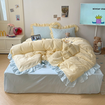 桃子家居 2024新款A类ins色织水洗棉花边撞色玛卡龙格子韩版花边纯棉系列四件套 水洗棉花边-芒果黄蓝