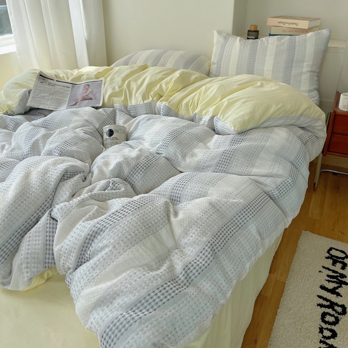 91家纺网 家纺一手货源 找家纺 轻奢坊 2024新款水洗棉渐变色提花华夫格四件套 渐变色华夫格-蓝黄