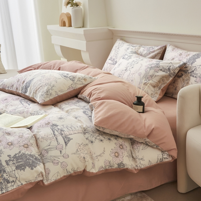 91家纺网 家纺一手货源 找家纺 柠馨 2024新款基础款全棉磨毛纯色四件套 莫奈花园