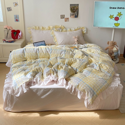 桃子家居 2024新款A类ins色织水洗棉花边撞色玛卡龙格子韩版花边纯棉系列四件套 水洗棉花边-奶缇紫紫