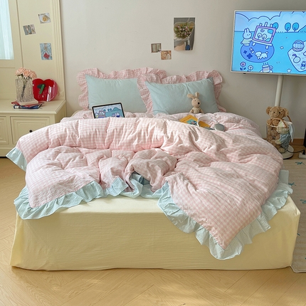 桃子家居 2024新款A类ins色织水洗棉花边撞色玛卡龙格子韩版花边纯棉系列四件套 水洗棉花边-草莓粉蓝
