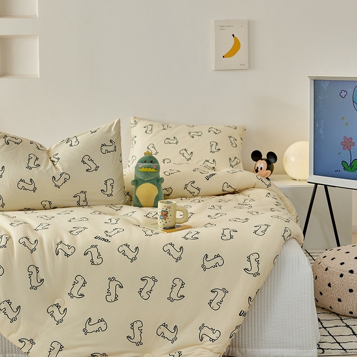 91家纺网 家纺一手货源 找家纺 木堇家居 2024新款针织棉豆豆被大豆四季被冬被被子被芯 针织豆豆被-恐龙世界-米黄