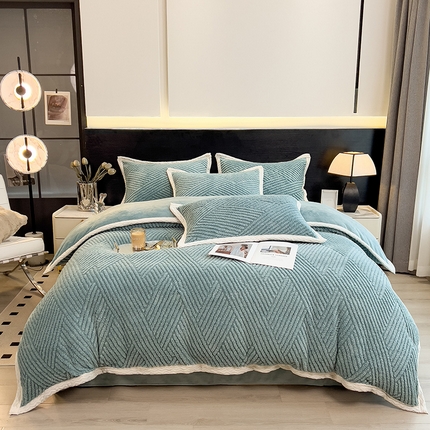 91家纺网 家纺一手货源 找家纺 悦织语 2025新款提花塔芙绒被套毯大包边宽边款四件套 斜纹竖条-绅士灰