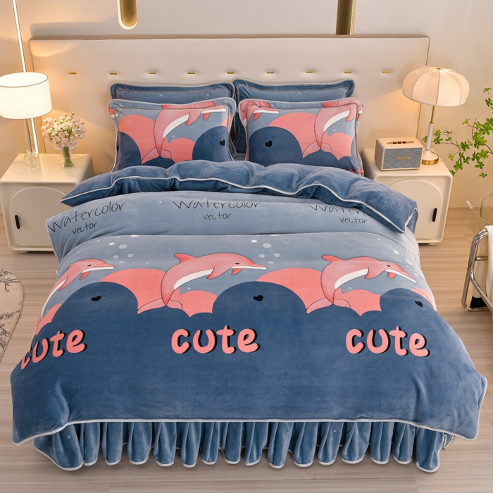 91家纺网 家纺一手货源 找家纺 雨洋2025新款加厚保暖8.5斤牛奶绒金貂婴儿绒四件套 小海豚