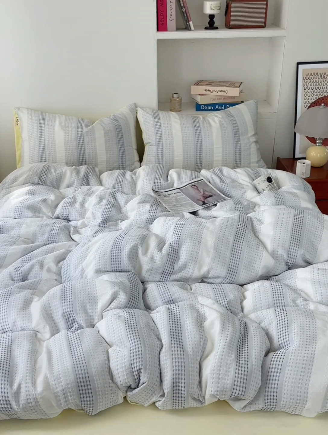 91家纺网 家纺一手货源 找家纺 轻奢坊 2024新款水洗棉渐变色提花华夫格四件套 渐变色华夫格-蓝黄