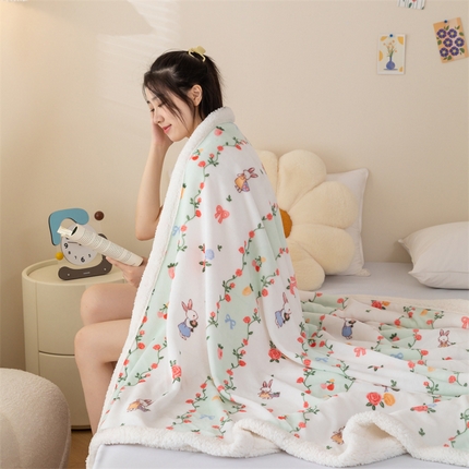 雅萱家纺 2024新款羊羔绒+牛奶绒毛毯披肩毯盖毯 羊羔绒-花田小兔
