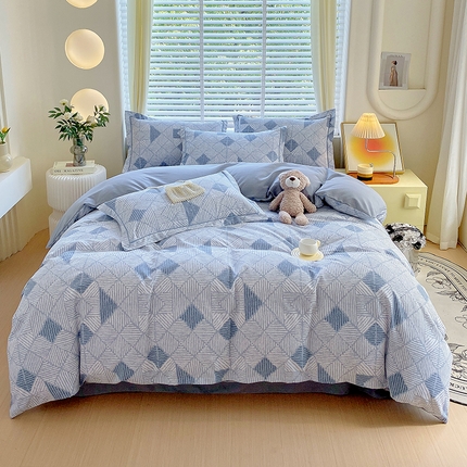 威布斯家居 2024新款AB版全棉生态磨毛四件套 街角咖啡-蓝