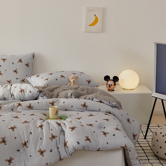 91家纺网 家纺一手货源 找家纺 木堇家居 2024新款针织棉豆豆被大豆四季被冬被被子被芯 针织豆豆被-可可熊-灰