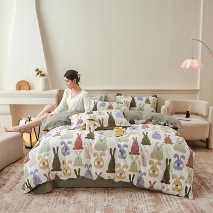 柠馨 2024新款基础款全棉磨毛纯色四件套 兔子派对