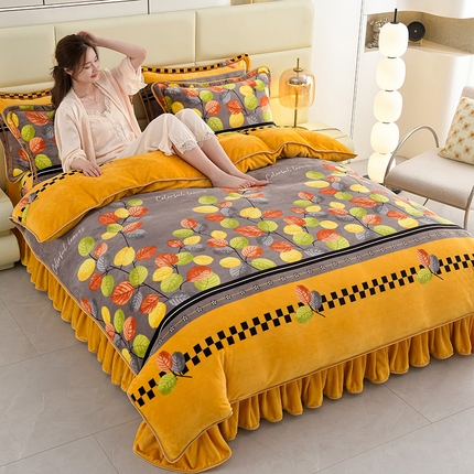 绒品壹家家纺 2024新款180g7斤牛奶绒印花四件套 枝繁叶茂-黄
