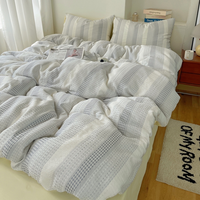 91家纺网 家纺一手货源 找家纺 轻奢坊 2024新款水洗棉渐变色提花华夫格四件套 渐变色华夫格-蓝黄