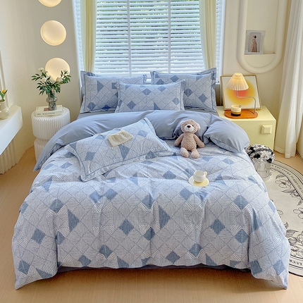 91家纺网 家纺一手货源 找家纺 威布斯家居 2024新款AB版全棉生态磨毛四件套 街角咖啡-蓝