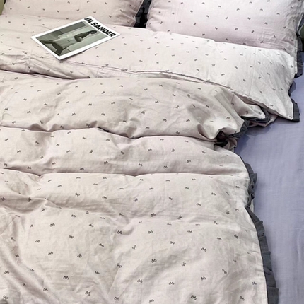 荣轩 2024新款全棉印花双层纱四件套 皱皱纱花边款 花边 蝴蝶可颂 紫