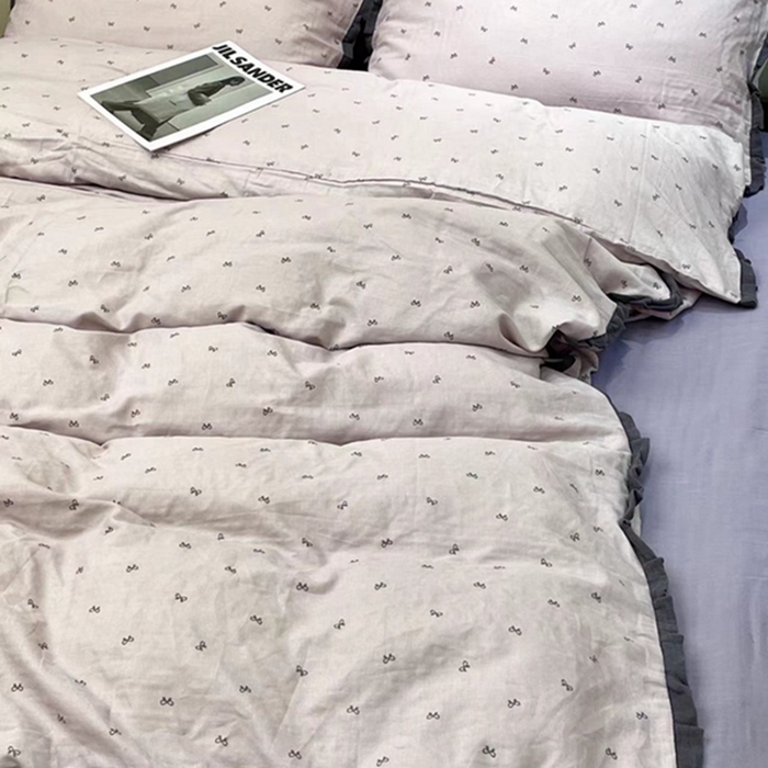 91家纺网 家纺一手货源 找家纺 荣轩 2024新款全棉印花双层纱四件套 皱皱纱花边款 花边 蝴蝶可颂 紫