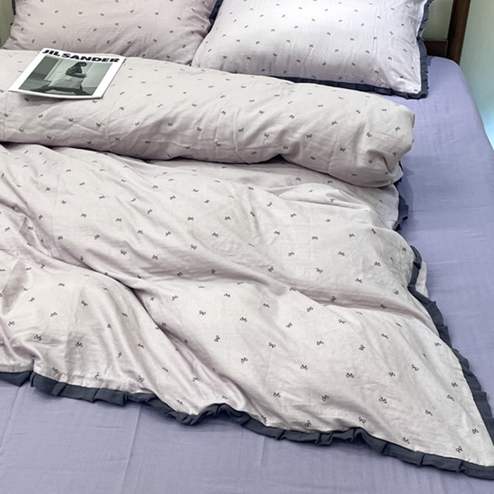 91家纺网 家纺一手货源 找家纺 荣轩 2024新款全棉印花双层纱四件套 皱皱纱花边款 花边 蝴蝶可颂 紫