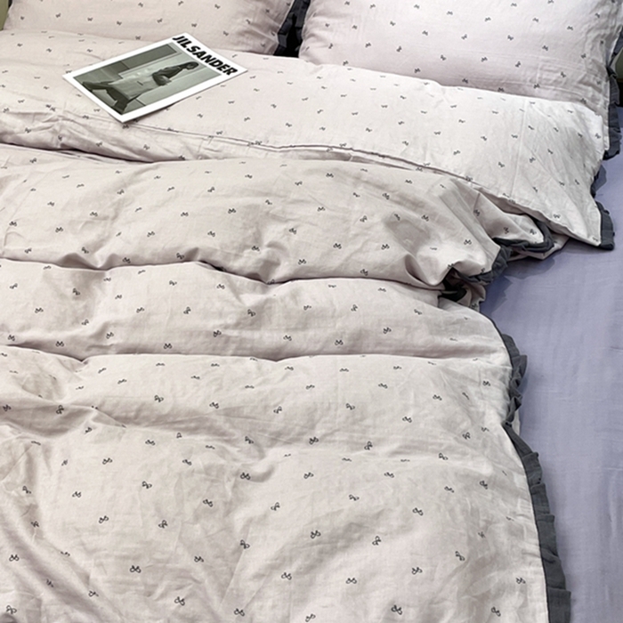 91家纺网 家纺一手货源 找家纺 荣轩 2024新款全棉印花双层纱四件套 皱皱纱花边款 花边 蝴蝶可颂 紫