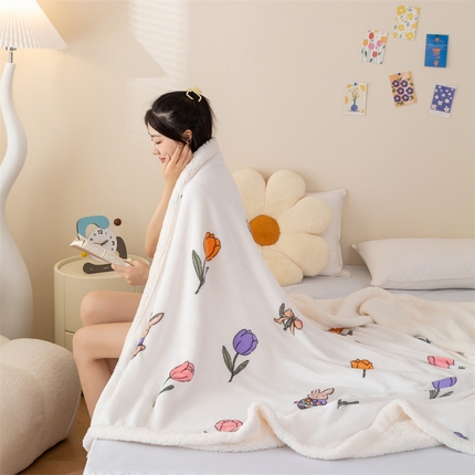 雅萱家纺 2024新款羊羔绒+牛奶绒毛毯披肩毯盖毯 羊羔绒-花园兔