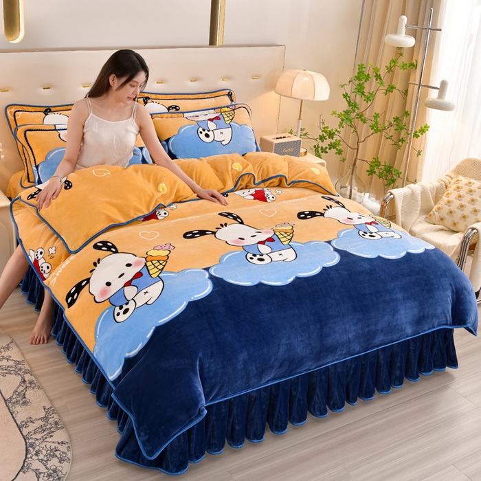 91家纺网 家纺一手货源 找家纺 雨洋2025新款加厚保暖8.5斤牛奶绒金貂婴儿绒四件套 帕莎狗