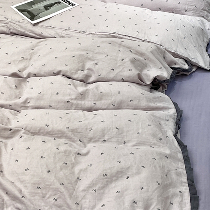 91家纺网 家纺一手货源 找家纺 荣轩 2024新款全棉印花双层纱四件套 皱皱纱花边款 花边 蝴蝶可颂 紫