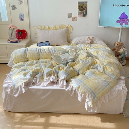 91家纺网 家纺一手货源 找家纺 桃子家居 2024新款A类ins色织水洗棉花边撞色玛卡龙格子韩版花边纯棉系列四件套 水洗棉花边-奶缇紫紫