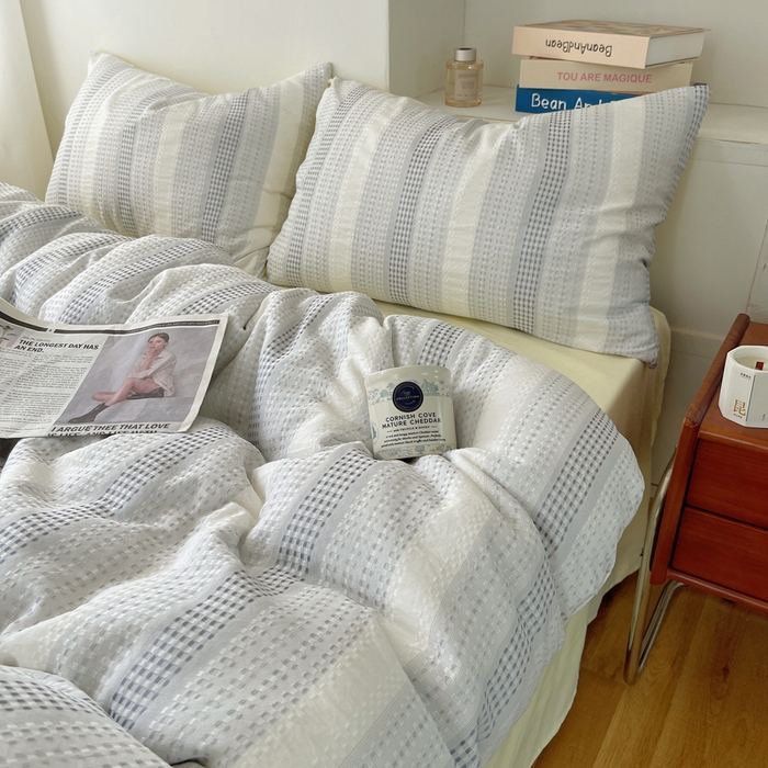 91家纺网 家纺一手货源 找家纺 轻奢坊 2024新款水洗棉渐变色提花华夫格四件套 渐变色华夫格-蓝黄