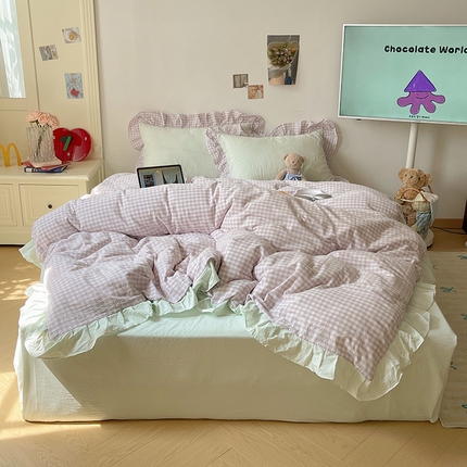 桃子家居 2024新款A类ins色织水洗棉花边撞色玛卡龙格子韩版花边纯棉系列四件套 水洗棉花边-葡萄紫绿