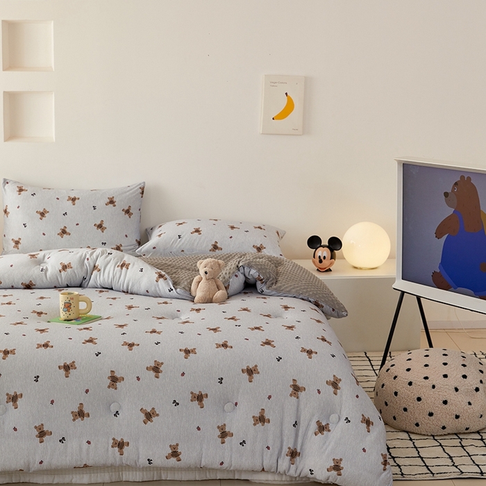 91家纺网 家纺一手货源 找家纺 木堇家居 2024新款针织棉豆豆被大豆四季被冬被被子被芯 针织豆豆被-可可熊-灰