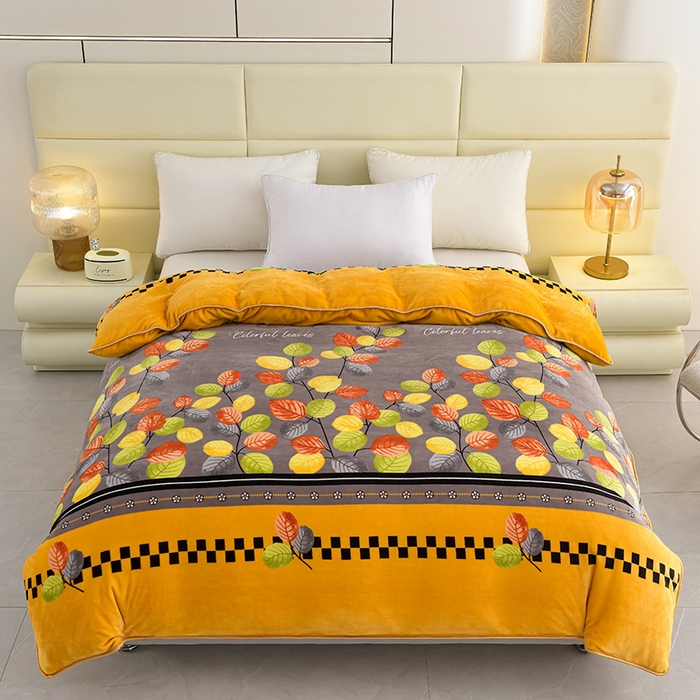 91家纺网 家纺一手货源 找家纺 绒品壹家家纺 2024新款180g7斤牛奶绒印花四件套 枝繁叶茂-黄