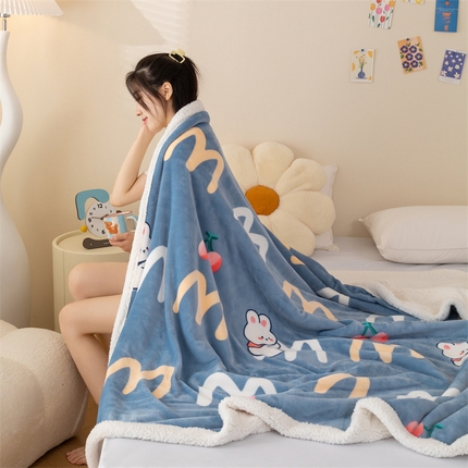 雅萱家纺 2024新款羊羔绒+牛奶绒毛毯披肩毯盖毯 羊羔绒-樱桃小兔