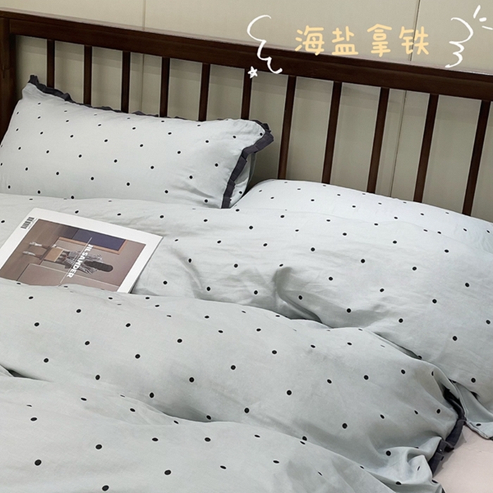 91家纺网 家纺一手货源 找家纺 荣轩 2024新款全棉印花双层纱四件套 皱皱纱花边款 花边 海盐拿铁