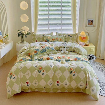 91家纺网 家纺一手货源 找家纺 威布斯家居 2024新款AB版全棉生态磨毛四件套 奶油甜心-绿