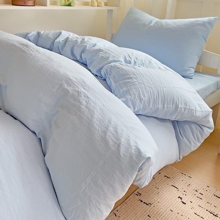 91家纺网 家纺一手货源 找家纺 韩巢家纺 2024新款学生宿舍上下铺超柔水洗棉床单被套三件套-纯色系列学生床（含卖家秀） 水洗棉浅蓝