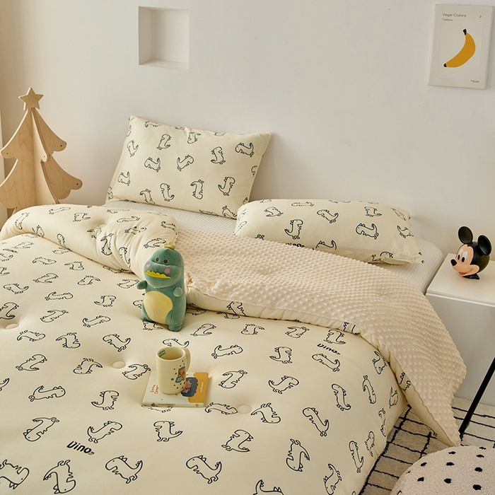 91家纺网 家纺一手货源 找家纺 木堇家居 2024新款针织棉豆豆被大豆四季被冬被被子被芯 针织豆豆被-恐龙世界-米黄